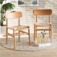 Baxton Studio FC12-Natural Wood-Beechwood/Kraft Twisting-DC Raheem Mid-Century Modern Brown Hemp and Wood 2-Piece Dining Chair Setw